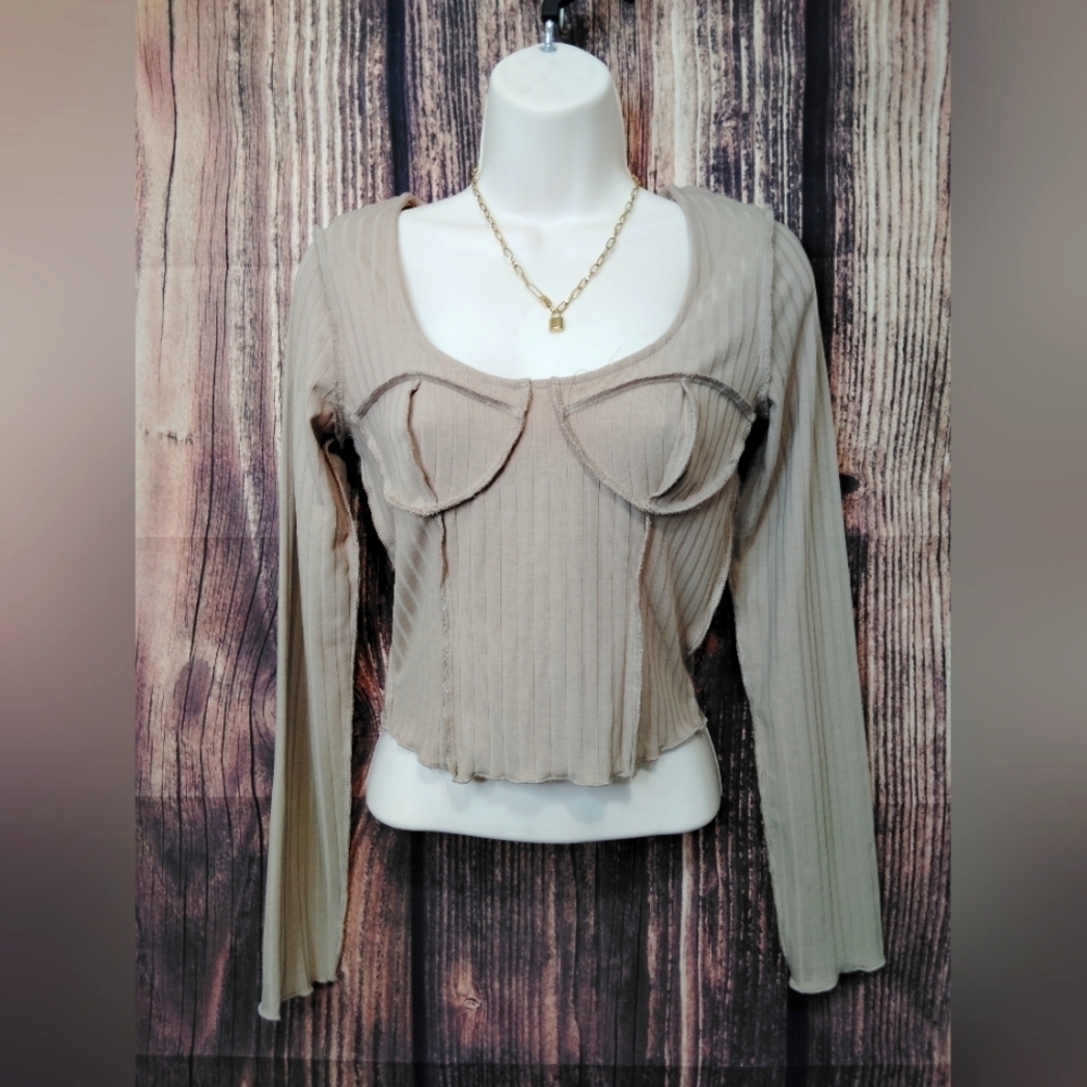 Mixed Threads Elegant Tan Ribbed Women's Crop Top Size Small